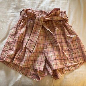 shein / romwe pink plaid paper bag shorts